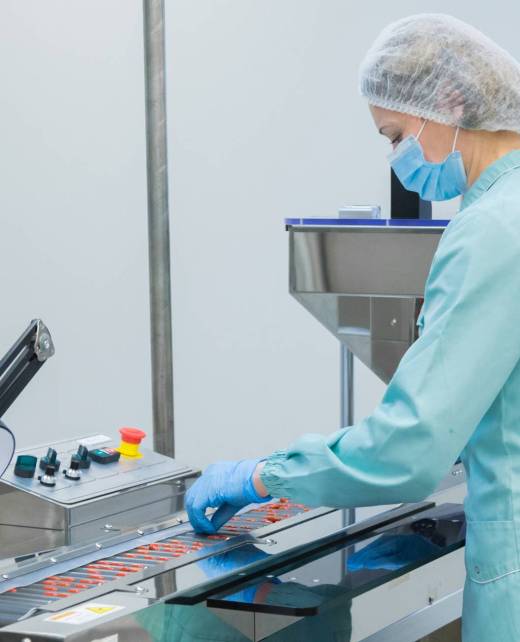 Pharmaceutical technician in sterile environment working on production of pills at pharmacy factory